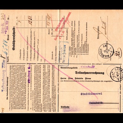 DR 1931, Postformular Telefongebühren m. Stempeln Bayreuth u. Kulmbach A.W. 