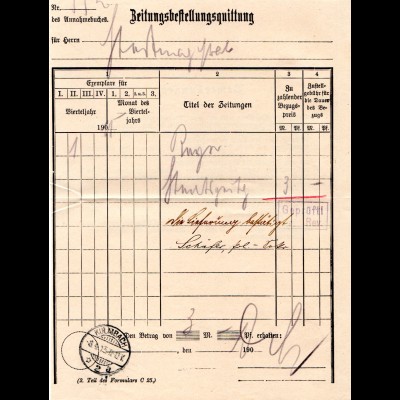 Bayern 1916, Postformular Zeitungsbestellungsquittung m. Stempel Kulmbach 2a