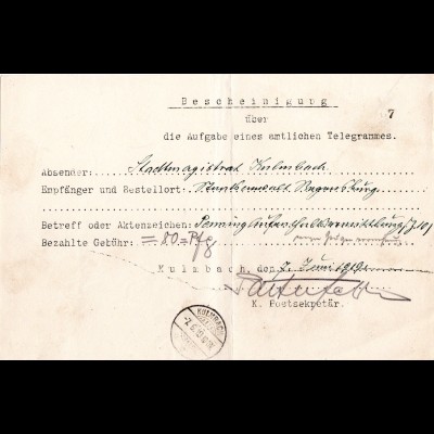 Bayern 1918, Telegramm - Postformular m. K1 Kulmbach 2b