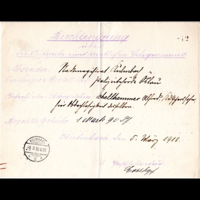 Bayern 1918, hektographiertes Telegramm - Postformular m. K1 Kulmbach 2b