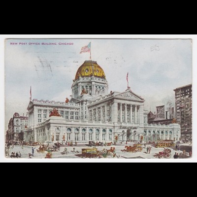 USA 1911, Chicago, New Post Office Building, gebr. Farb AK m. Pferde Tram. #1404