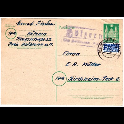 1950, Landpoststempel HÖLZERN über Heibronn auf 10 Pf. Ganzsache.