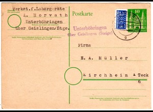 1950, Landpoststempel UNTERBÖHRINGEN über Geislingen auf 10 Pf. Ganzsache.