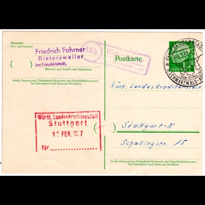 BRD 1957, Landpoststempel 14b DIETERSWEILER über Freudenstadt auf Ganzsache.