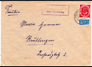 BRD 1952, Landpoststempel OBERJESINGEN über Herrenberg auf Brief m. 20 Pf.