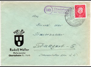 BRD 1961, Landpoststempel OBERTHALHEIM über Horb auf Fimen Brief m. 20 Pf.