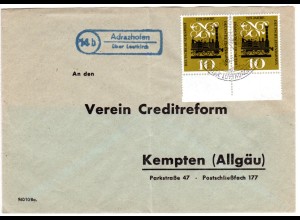 BRD 1961, Landpoststempel 14b ADRAZHOFEN über Leutkirch auf Brief m. 2x10 Pf. 