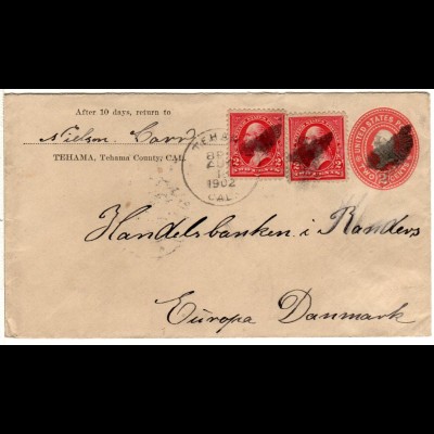 USA 1902, 2x2 C. Zusatzfr. auf 2 C. Ganzsache Brief v. TEHAMA, Cal. n. Dänemark