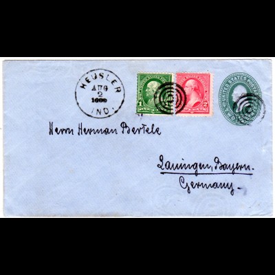 USA 1899, 1+2 C. Zusatzfr. auf 2 C. Ganzsache Brief v. HEUSLER, Ind. n. Bayern