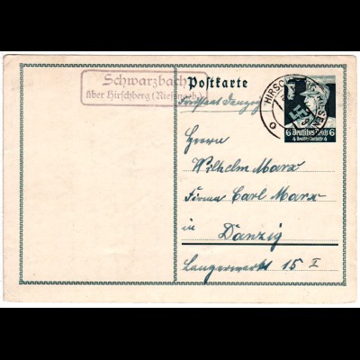 DR 1934, Landpoststpl. SCHWARZBACH über Hirschberg auf 6 Pf. Ganzsache 