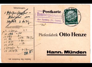 DR 1942, Landpoststpl. HOMBERGSHAUSEN über Homberg auf Firmen Karte m. 6 Pf. 