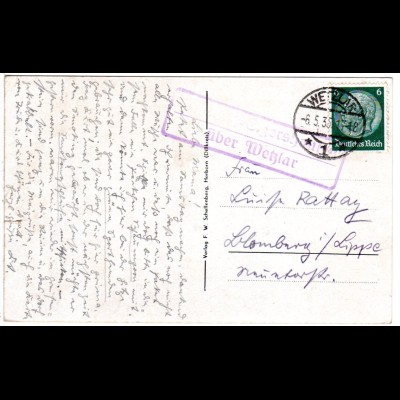 DR 1935, Landpost Stpl. (Waldhof)-ELGERSHAUSEN über Wetzlar auf Karte m. 6 Pf. 