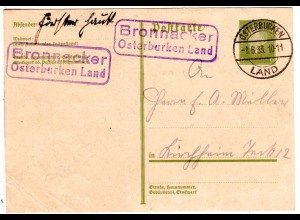 DR 1933, Landpost Stpl. BRONNACKER Osterburken Land 2mal auf 6 Pf. Ganzsache