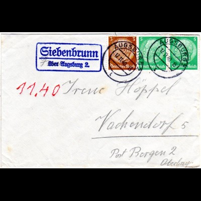 DR 1940, Landpost Stpl. SIEBENBRUNN über Augsburg 2 auf Brief m. 3 Marken.