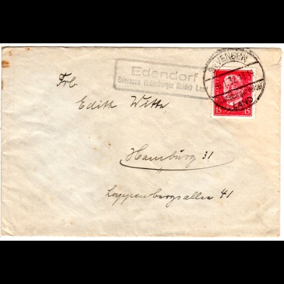 DR 1932, Landpost Stpl. EDENDORF Bevensen Land auf Brief m. 15 Pf.