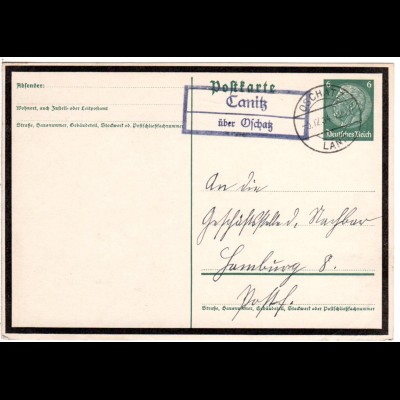 DR 1934, Landpost Stpl. CANITZ über Oschatz klar auf 6 Pf. Trauer-Ganzsache.