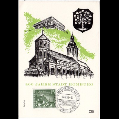 Saarland 1958, Sonderkarte 400 Jahre Stadt Homburg m. entpr. Sonderstpl.