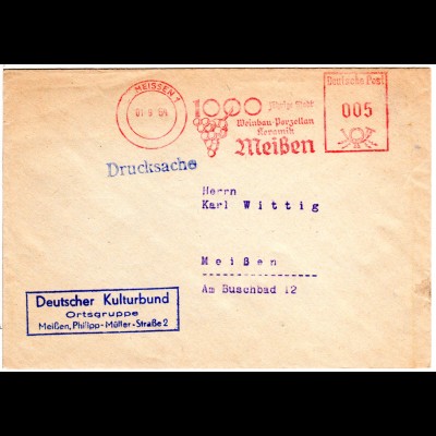 DDR 1964, Weinbau-Porzellan-Keramik, Meißen Werbefreistpl. auf Dienstbrief.