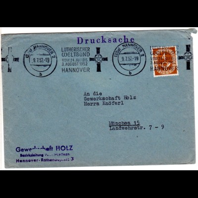 BRD 1952, LUTHERISCHER WELTBUND Hannover Maschinen-Werberstpl. auf Brief m. 4 Pf