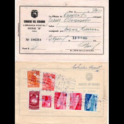 Ecuador 1955, 7 Marken rücks. auf Posteinlieferungsschein f. 1 Paket v Guayaquil
