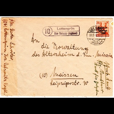 SBZ 1948, Landpoststellen Stpl. 10 LOTTENGRÜN über Oelsnitz auf Brief m. 24 Pf.