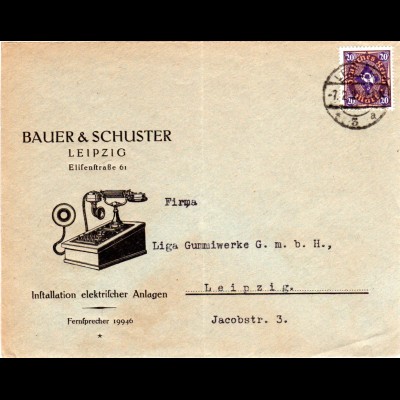DR 1923, EF 20 Mk. auf Firmen Orts-Brief v. Leipzig m. Abb. Telefon.