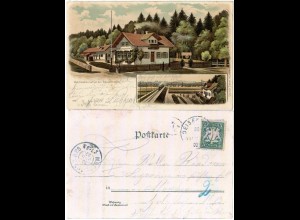 Waldrestauration bei Deisenhofen, 1902 gebr. Litho-AK m. Dampflok u. Bahnhof