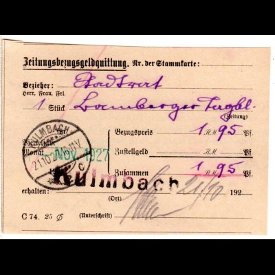 DR 1927, Postformular Zeitungsbezugsgeldquittung m. 2 Stempeln v. KULMBACH