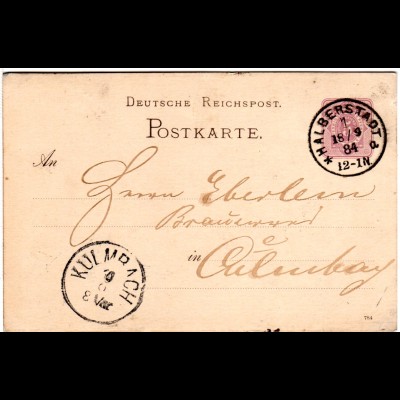 DR 1884, Klaucke Nr.60 "Halberstadt a" klar auf 5 Pf. Ganzsache n. Bayern