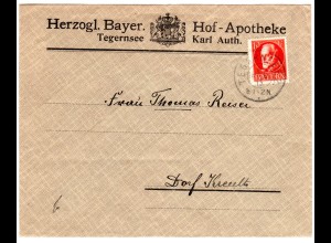 Bayern 1915, 10 Pf. auf Apotheken Brief v. Tegernsee n. Dorf Kreuth