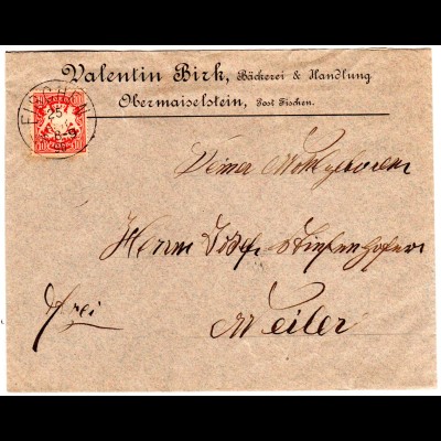 Bayern 1890, 10 Pf. auf Firmen Brief v. Obermaiselstein m. K1 FISCHEN
