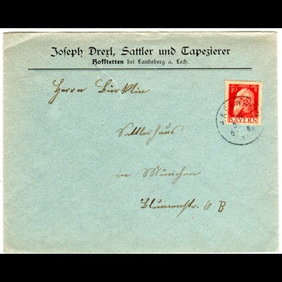 Bayern 1911, 10 Pf. auf Firmen Brief v. Hofstetten b. Landsberg m. K1 HAGENHEIM