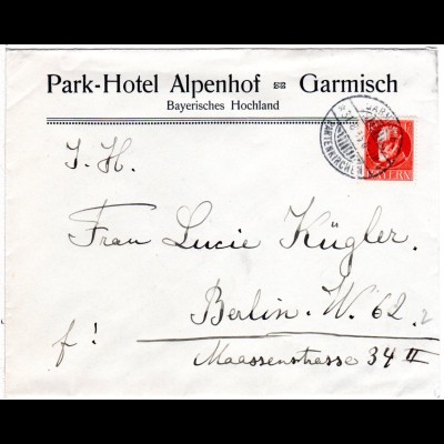 Bayern 1915, 10 Pf. auf Hotel Brief v. Garmisch-Partenkirchen