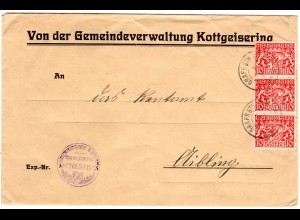 Bayern 1920, 3x10 Pf. Dienst auf Gemeinde Brief v. KOTTGEISERING m. K2 Grafrath