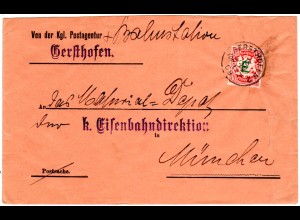 Bayern 1909, 10 Pf. auf Eisenbahn Dienst Brief v. GERSTHOFEN