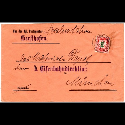 Bayern 1909, 10 Pf. auf Eisenbahn Dienst Brief v. GERSTHOFEN