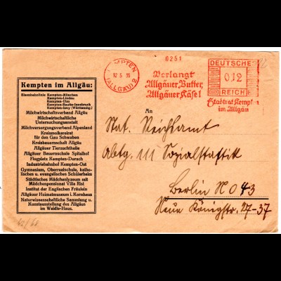 DR 1936, Brief m. Werbe Freistpl. v. Kempten Verlangt Allgäuer Butter, Käse 