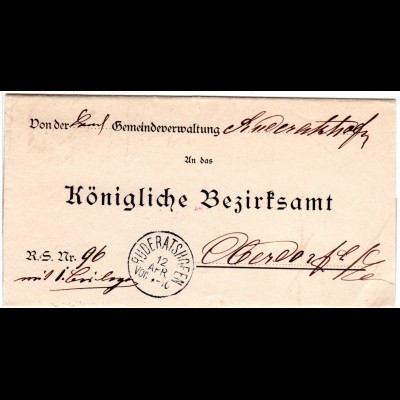Bayern 1883, K1 RUDERATSHOFEN klar auf Gemeindebrief n. Oberdorf.