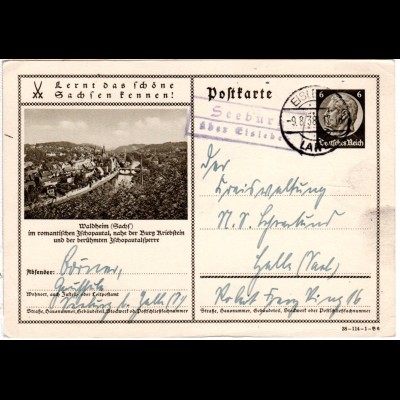 DR 1938, Landpost Stpl. SEEBURG über Eisleben auf 6 Pf. Bild-Ganzsache