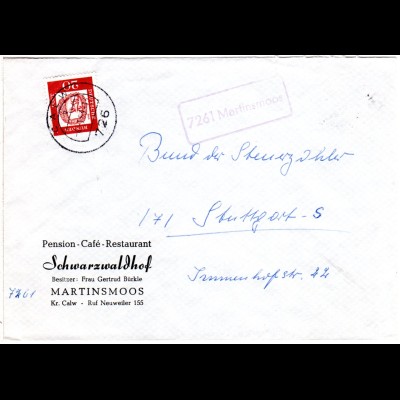 BRD 1963, Landpost Stpl. 7261 MARTINSMOOS auf Gastronomie Brief m. 20 Pf.