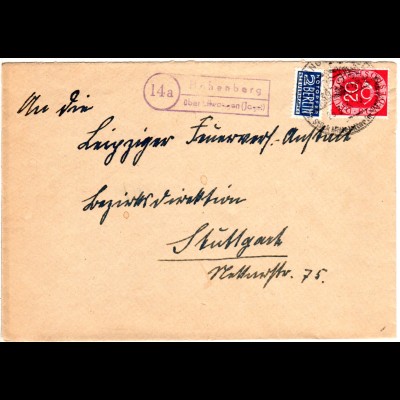 BRD 1953, Landpost Stpl. 14a HOHENBERG über Ellwangen auf Brief m. 20 Pf.