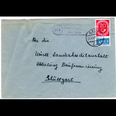 BRD 1954, Landpost Stpl. 14b NEUHENGSTETT über Calw auf Brief m. 20 Pf.