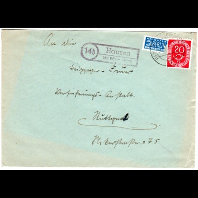 BRD 1953, Landpost Stpl. 14b HAUSEN über Balingen auf Brief m. 20 Pf.