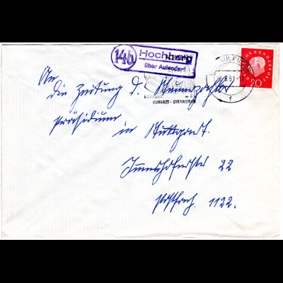 BRD 1961, Landpost Stpl. 14b HOCHBERG über Aulendorf auf Brief m. 20 Pf.