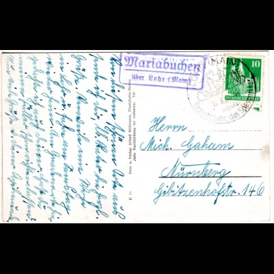 BRD 1950, Landpost Stpl. MARIABUCHEN über Lohr auf Karte m. 10 Pf.