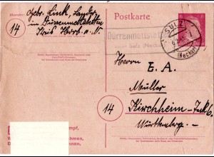 DR 1945, Landpost Stpl. DUERRENMATTSTETTEN über Sulz spät auf 6 Pf. Ganzsache 