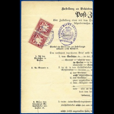 Bayern 1897, Postzustellungsurkunde m. Siegelstempel Entwertung UFFENHEIM. #S301