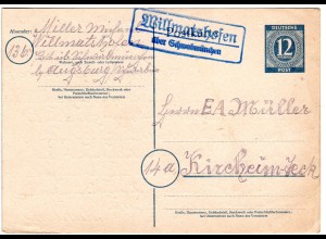1946, Landpost Stpl. WILLMATSHOFEN über Schwabmünchen auf 12 Pf. Ganzsache
