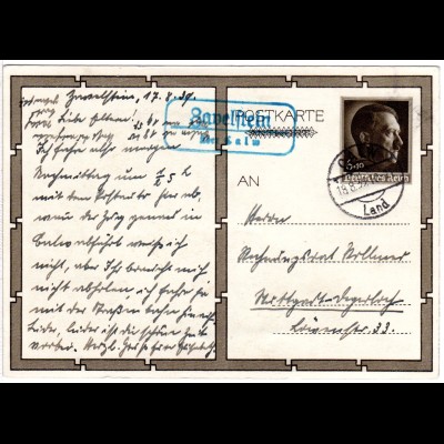 DR 1939, Landpoststpl. ZAVELSTEIN über Calw auf 6 Pf. Hitler Ganzsache.