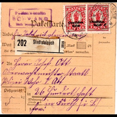 DR 1920, Posthilfstelle SCHWAND Taxe Stadtsteinach auf Paketkte. m. MeF 2x1 Mk.